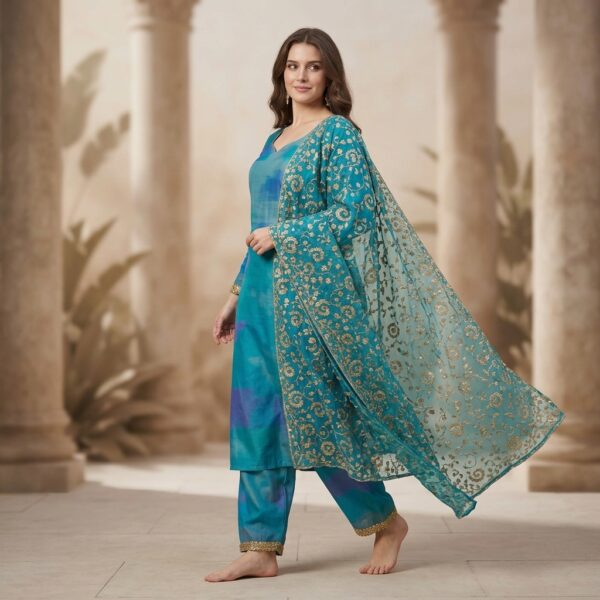 Turquoise Silk Blend Printed Aline straight silk Kurta Set with dupatta for Women - Image 2