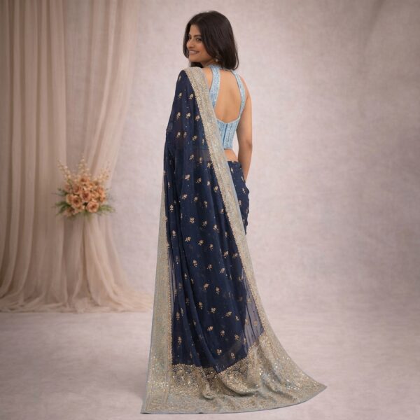 Navy Blue Sequin Embellished Saree with Light Blue Blouse - Image 2
