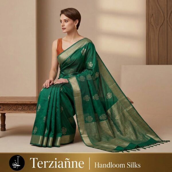 Green Banarasi Silk Handloom Saree With Golden Border - Image 2