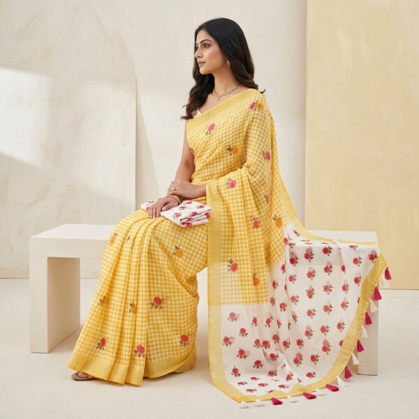 Yellow Gingham Check print Saree with unstiched /stiched Blouse - Image 2