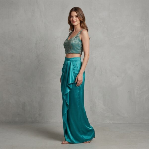 Teal Embellished Crop Top And Satin Drape Skirt Set For Women - Image 2