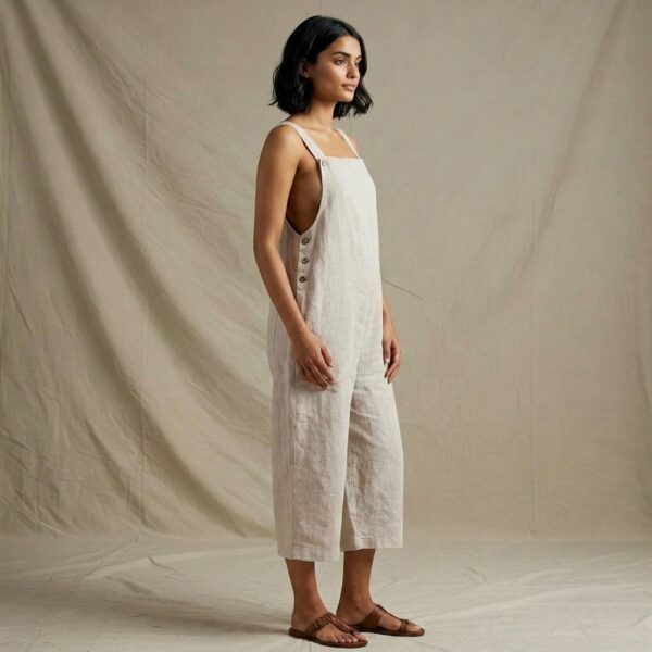 White Linen Sleeveless Wide Leg Jumpsuit for Women - Image 2