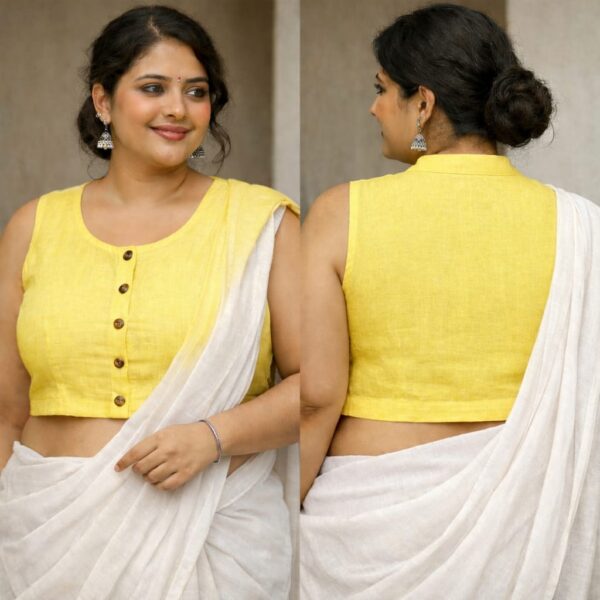 Yellow Sleeveless linen Cotton Blouse - Image 2
