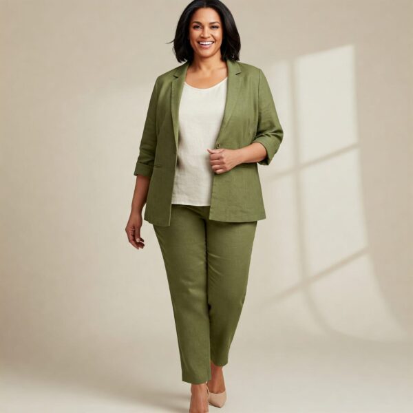 Olive Green Linen cotton Formal Blazer And Trouser Suit Set For Women - Image 2