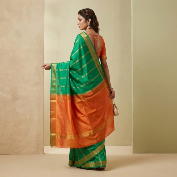 Mustard Yellow with Green Mysore crape Silk Saree with Golden Border - Image 2