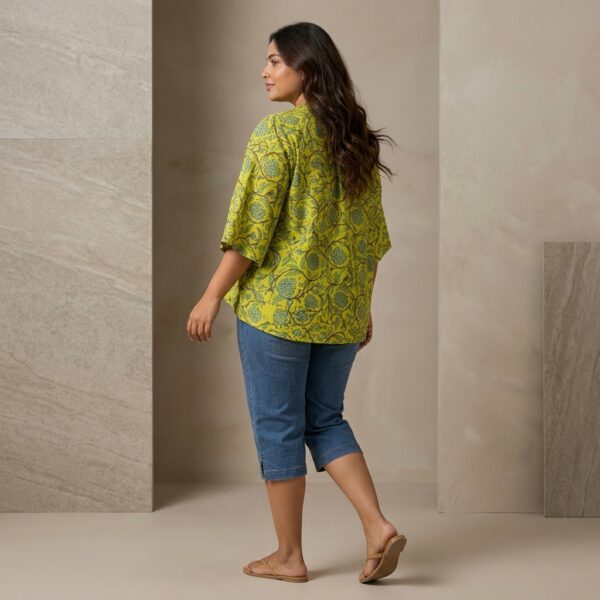 Yellow Floral Print Cotton Oversized Shirt for Women - Image 2