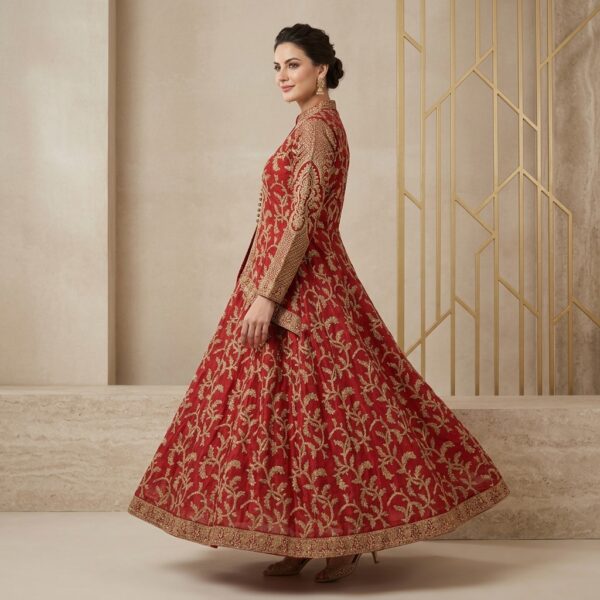 Red Embroidered Silk Blend Anarkali Dress for Women - Image 2