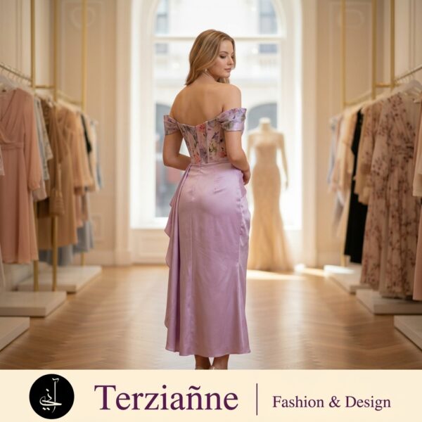 Lilac Satin Off-Shoulder Draped Midi Dress for Women - Image 2