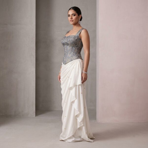 Silver Embellished Corset Top with White Draped Skirt for Women - Image 2