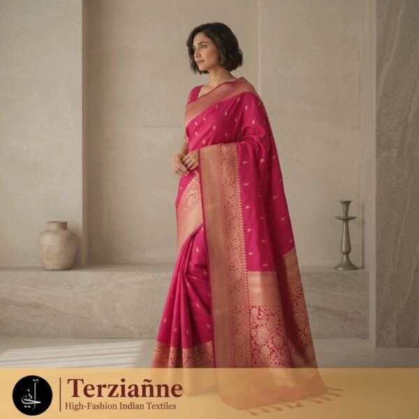 Pink Silk Banarasi Saree with Golden Zari Border for Women - Image 2