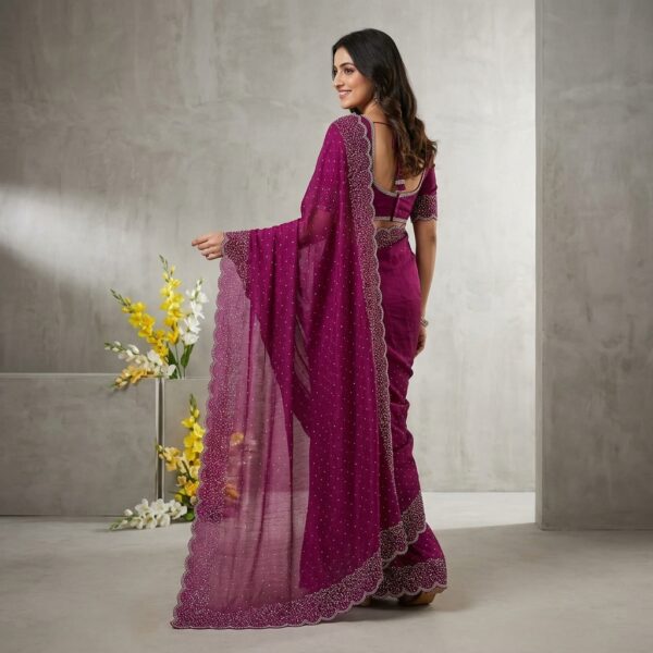 Megenta Tissue crape Embellished Scalloped Saree With unstiched Blouse - Image 2