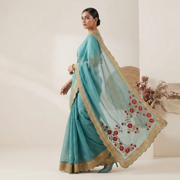 Turquoise Organza Zari Border Saree scallop border - Image 2