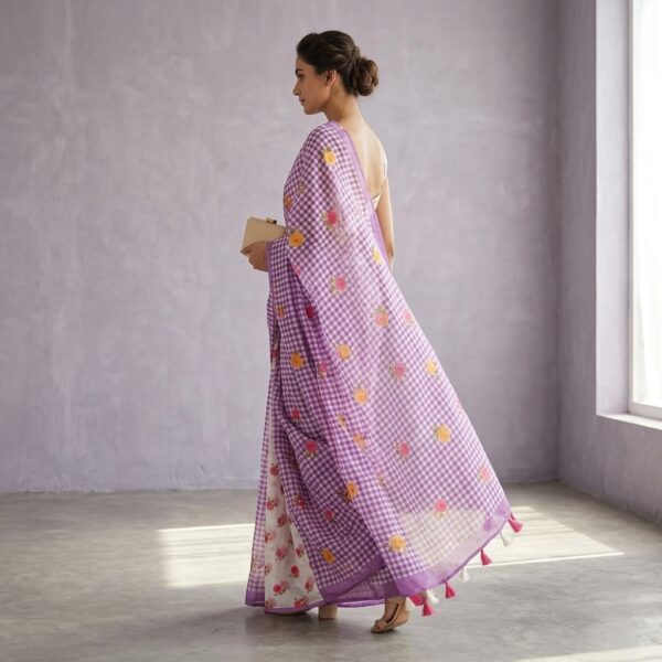 Purple Gingham Check printedCotton Saree with Floral Motif print - Image 2