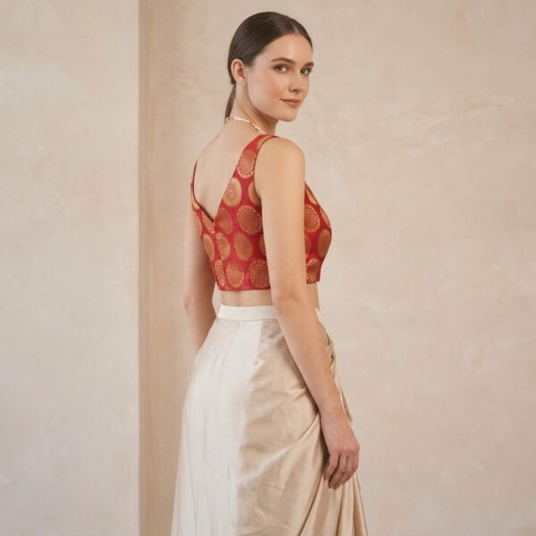 Red Embellished Corset Top With Beige Draped Skirt Set - Image 2