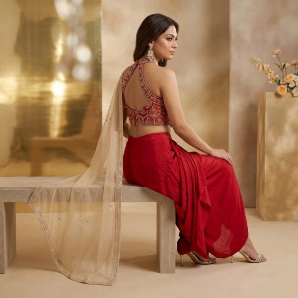 Red Embellished Halter Neck Dhoti Set for Women - Image 2