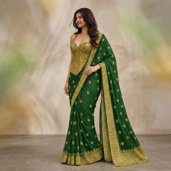 Green Silk Embroidered Saree with Gold Corset Blouse for Women - Image 2