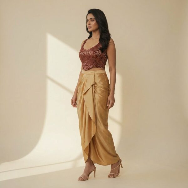 Rust Embroidered Crop Top with Gold Draped Skirt Set for Women - Image 2