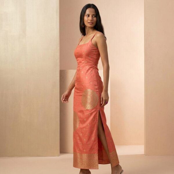 Coral Silk Festive Maxi Dress for Women - Image 2