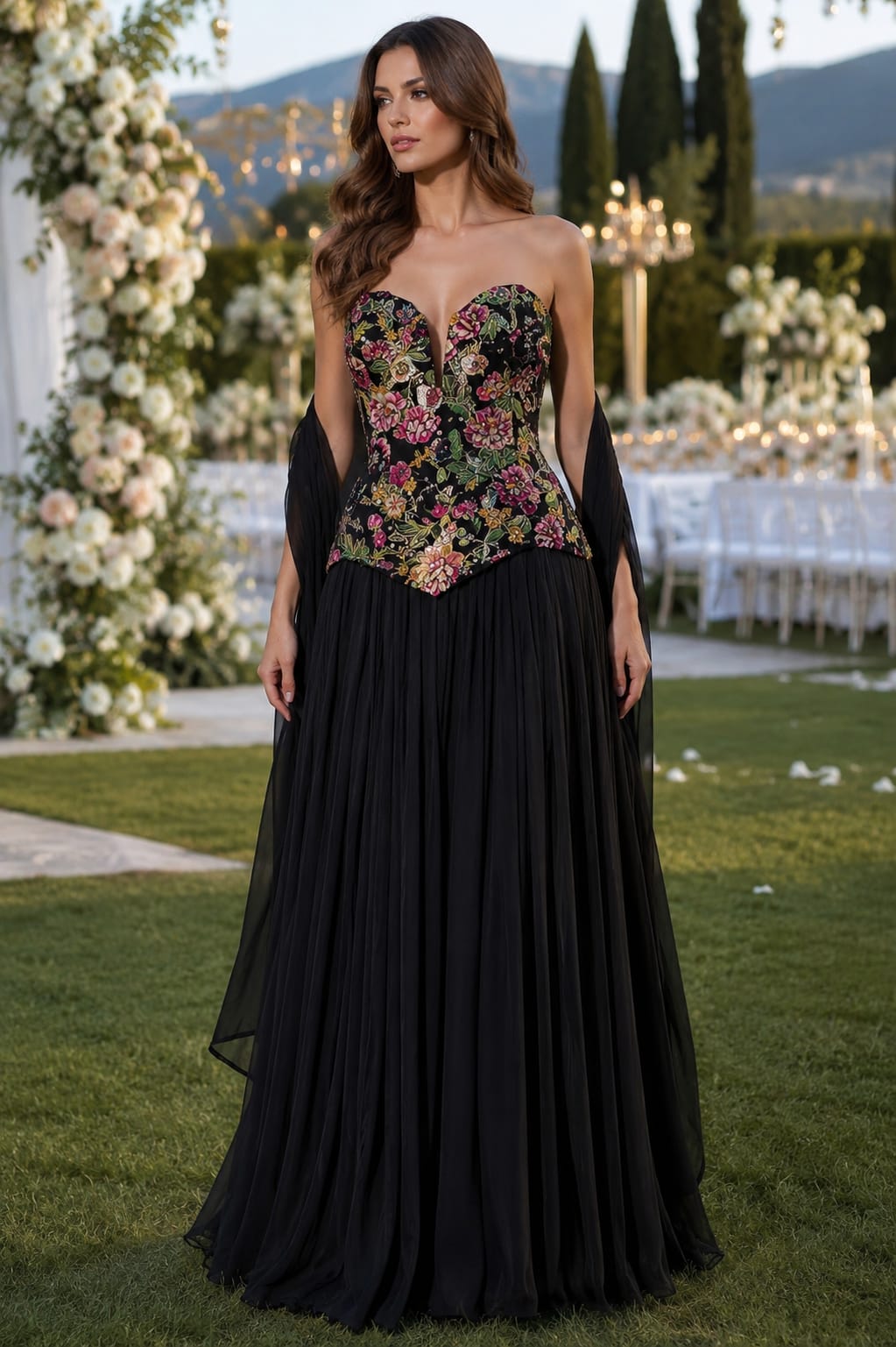 Midnight Bloom Embroidered Corset Gown with Cape - Image 3