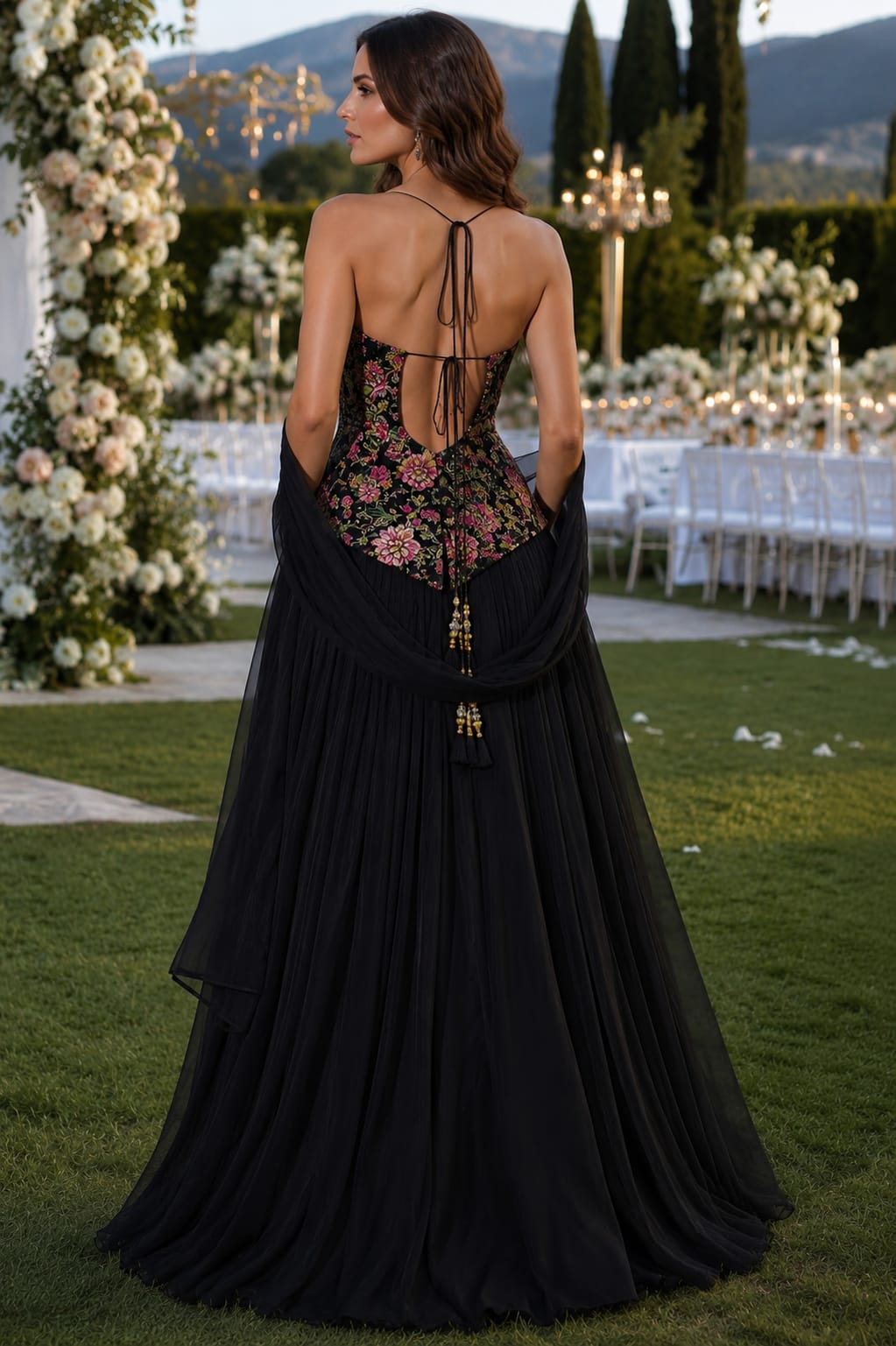Midnight Bloom Embroidered Corset Gown with Cape - Image 2