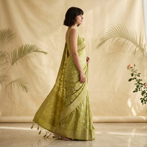 Lime Green Silk Embroidered Saree for Women - Image 2
