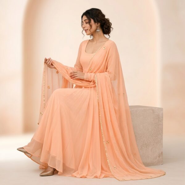Peach Georgette Flared Anarkali long Kurta for Women - Image 2