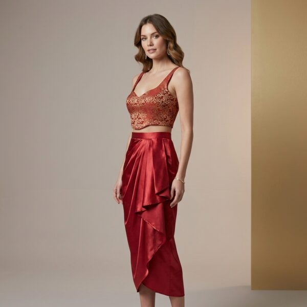 Red Embroidered Satin Crop Top and Draped Skirt Set for Women - Image 2