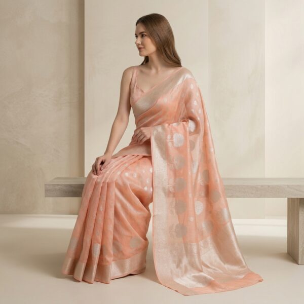 Peach Organza Woven Saree for Women - Image 2