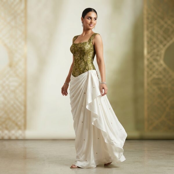 Olive Green Brocade Corset Top With White Draped Skirt - Image 2