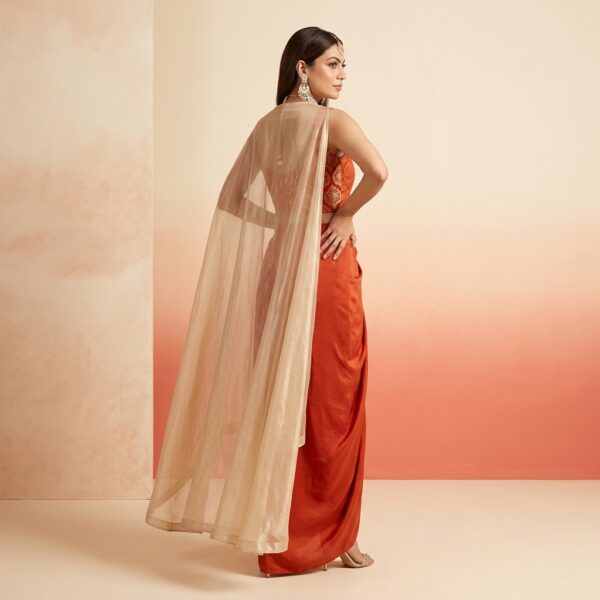 Rust orange brocade corset Set with Drape skirt and tissue cape for Women - Image 2